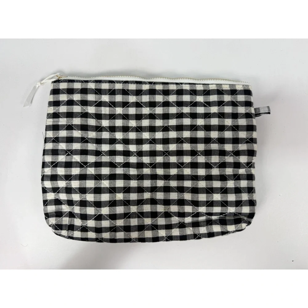 Sugar Paper Los Angeles Quilted Black Glingham Cosmetic Bag Zipper Pouch Cotton